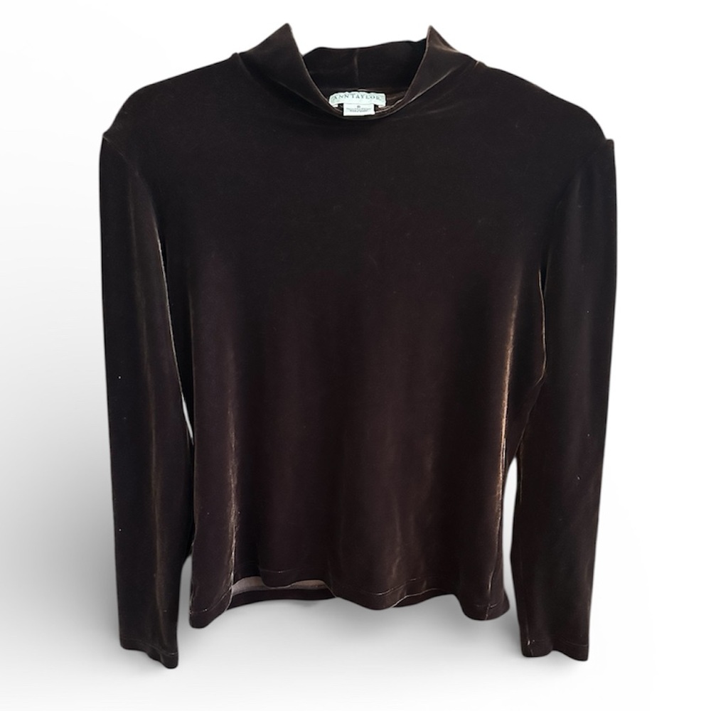 Ann Taylor Velvet Mock Neck Long Sleeve Top Brown